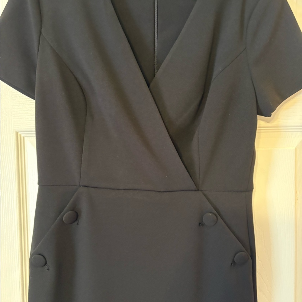 Calvin Klein Black Sheath Dress V Neck Short Sleeve Workwear Midi Career - Picture 3 of 6